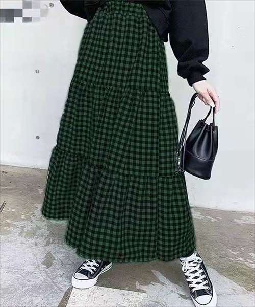 poppy ギンガムチェックティアードスカート グリーン ROOP TOKYO スカート ギンガムチェックティアードロングスカート