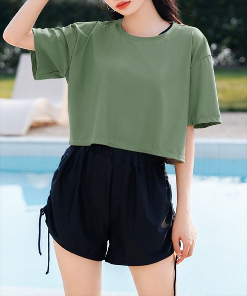 水着 ボタニカル柄ラッシュガード+タンキニ+ショートパンツ+