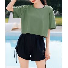 テディショップ(TeddyShop)のレディース水着 4WAYクロップドバックシャントップス+リボンショートパンツ+ビキニ 4点セット