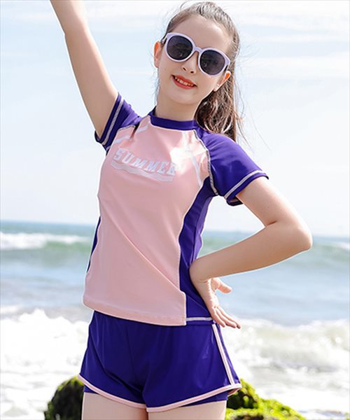 【美品】水着上下　ショートパンツセット キッズ水着 バイカラー半袖トップス+ショートパンツ 上下2点