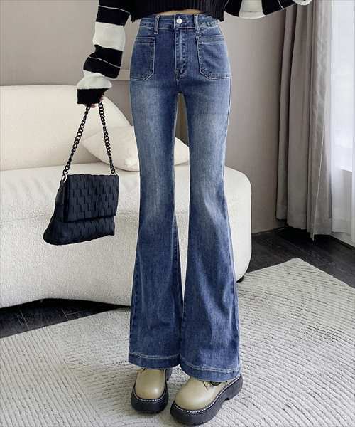 ハイウエストフレアデニムパンツ レディース 裾フリンジハイウエストフレアデニムパンツ | テディ