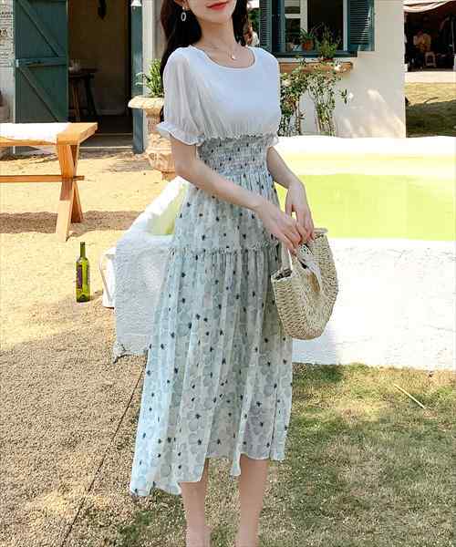 レディース Vネック花柄ウエスト絞りふんわりロングワンピース
