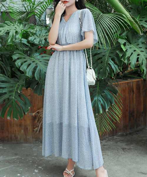 レディース バックリボンのウエストマークサマーロングワンピース