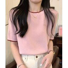 レディース 半袖パイピングサマーリブニットTシャツ