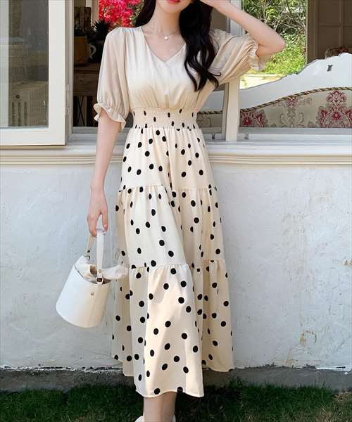 フリル付きドット柄マキシドレス 美品 フラメンコ衣装】レッド×ドット