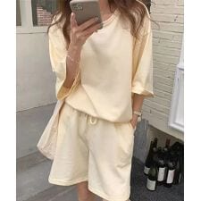 レディースルームウェア 半袖オーバーサイズルーズスウェットトップス+パンツセットアップ 2点セット