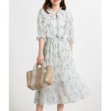 レディース バルーンスリーブリボンフリルワンピース