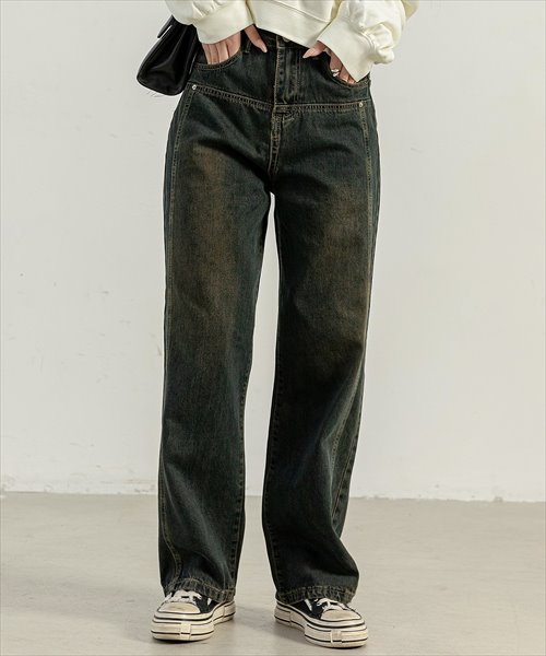 Louren ハイウエストヴィンテージライクストレートデニム ワイドパンツ Louren ハイウエストヴィンテージライクストレートデニム ワイド