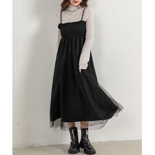 レディース 2WAY花柄×チュールシャーリングキャミソールワンピース