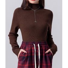 レディース 長袖タユミスリーブモチモチハイネックリブニット