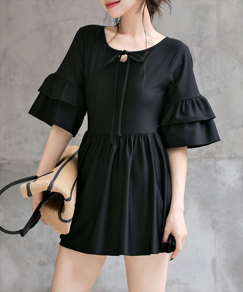 【新品】ショルダーリボンスウィムウェア レディース水着 ショルダーリボンバックシャンワンピ風