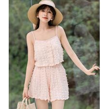 テディショップ(TeddyShop)のレディース水着 クロップドフリンジキャミソールハイウエストビキニ+ショートパンツ 上下3点セット