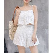 テディショップ(TeddyShop)のレディース水着 クロップドフリンジキャミソールハイウエストビキニ+ショートパンツ 上下3点セット