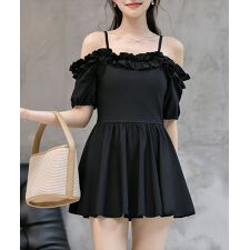 テディショップ(TeddyShop)のレディース水着 ギャザーフリルオフショルフレアワンピース+ハイウエストショーツ 上下2点セット