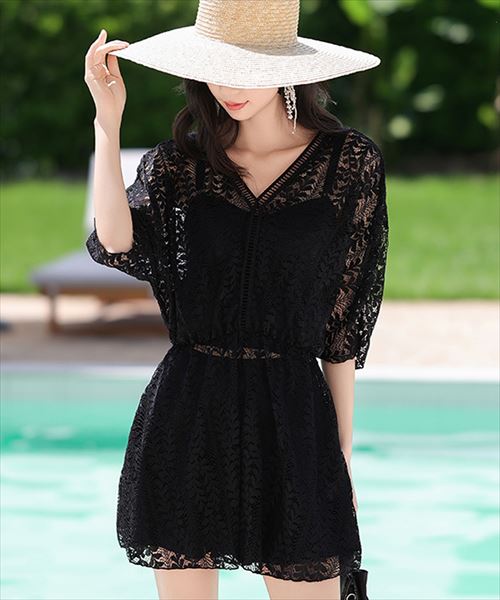 レディース水着 ショルダーリボンバックシャンワンピ風