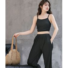 テディショップ(TeddyShop)のベーシッククロップドラッシュガードトップス+リブワイドパンツ+ハイウエストショーツ 上下3点セット