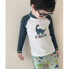 テディショップ(TeddyShop)のキッズ水着 長袖ダイナソープリントラッシュガードトップス+ショートパンツ+キャップ 上下3点セット