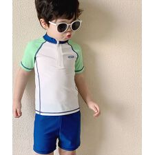 テディショップ(TeddyShop)のキッズ水着 半袖マルチ配色ラッシュガードトップス+ショートパンツ+キャップ 上下3点セット