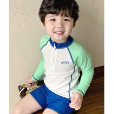 テディショップ(TeddyShop)のキッズ水着 長袖マルチ配色ラッシュガードトップス+ショートパンツ+キャップ 上下3点セット