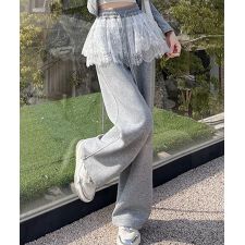 レディース ふわっと韓国っぽシルエット。レーススカートレイヤード風スウェットパンツ