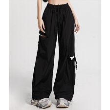 レディース リボン付きで韓国っぽ。サイドカットパラシュートカーゴパンツ