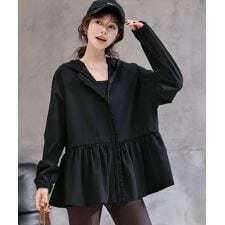 テディショップ(TeddyShop)のレディース水着 【紫外線遮蔽率 99%以上】長ぽわん袖フード付きフリルラッシュガードトップス