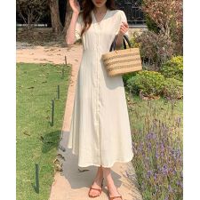 レディース 半袖ストライプ柄Vネックウエスト切替フレアワンピース