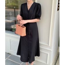 レディース 半袖ストライプ柄Vネックウエスト切替フレアワンピース