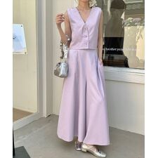 レディース きれいめ叶うセットアップ。ショート丈ジレベスト+ワイドパンツ 上下2点セット
