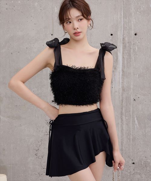 ストライプシフォン×オフショル水着 スイムウェア 2点セット