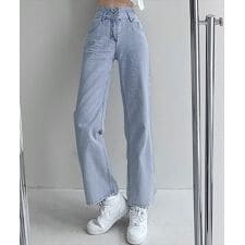 レディース ハイウエストバッククロスストレートデニムパンツ