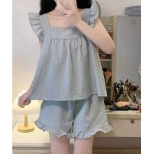 レディース 肩フリルチュニック風トップス+ショートパンツ ルームウェア上下2点セット