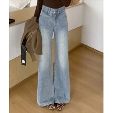 レディース 美脚メイク。ダブルボタンハイウエストワイドデニムパンツ [大きいサイズ有]