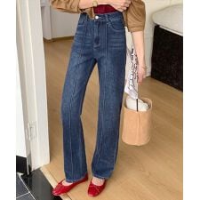 レディース 細見えライン入り美脚強調ストレートデニムパンツ [大きいサイズ有]