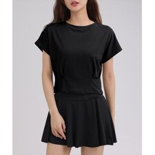 テディショップ(TeddyShop)のレディース 半袖ヨガウェアスポーツトップス+パンツ一体型フレアスカート 上下セットアップ