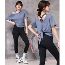 テディショップ(TeddyShop)のレディース 半袖ヨガウェアトップス+スポーツブラ+レギンス 3点セットアップ［ヨガ/ピラティス］