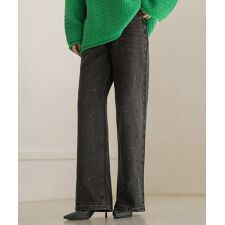 【ウォッシュ加工/穿くだけトレンド】大人っぽ煌めきラインストーンストレートデニムパンツ