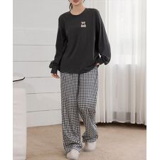 【セットアップ】長袖クマ刺繍トップス+ギンガムチェックパンツ ルームウェア 上下2点セット