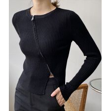 【周りと差がつく斜めジップ】長袖スラッシュ ダブルジップ スリット入り リブニットカットソー