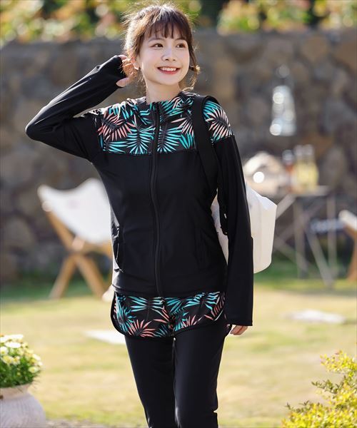 ブラウン×ブラック 5点セット 水着・ラッシュガード　XLサイズ フィットネス 水着 レディース 長袖ラッシュガード5点セット