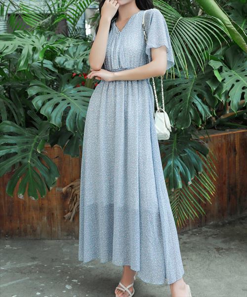 レディース Vネック花柄ウエスト絞りふんわりロングワンピース テディショップ Teddyshop Tops1026 ファッション通販 マルイウェブチャネル