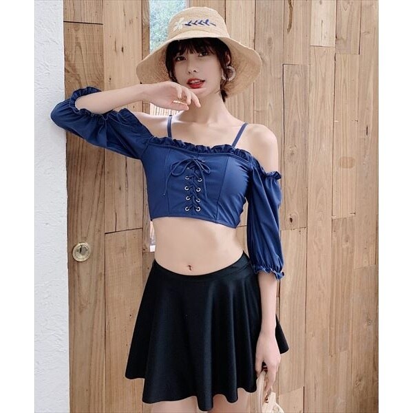 水着 オフショルダー2WAYバックフリルビキニ+スカート 2点セット