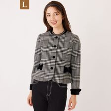 【L】グレンチェック ノーカラージャケット