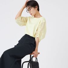 【L】【ウォッシャブル】メッシュコンビカットソー