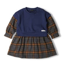 チェック切替重ね着風裏毛ワンピース