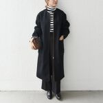SHIPS any： ノーカラー パイピング ウールミックス ロング 