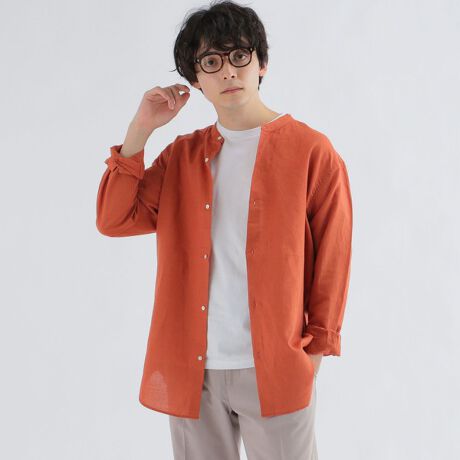 SHIPS any： リネンミックス バンドカラー 長袖 シャツ 