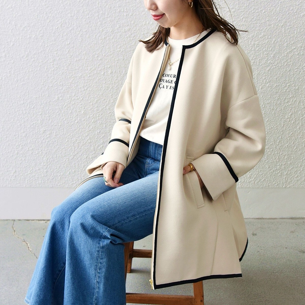 極美品　シップスエニィ　ジャージーパイピングノーカラーコート　ブラック　ガウン SHIPS any:〈UVカット〉ジャージー パイピング ノーカラー