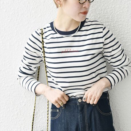 PETIT BATEAU:ロングスリーブ ロゴ プリント ボーダー Tシャツ 23SS 