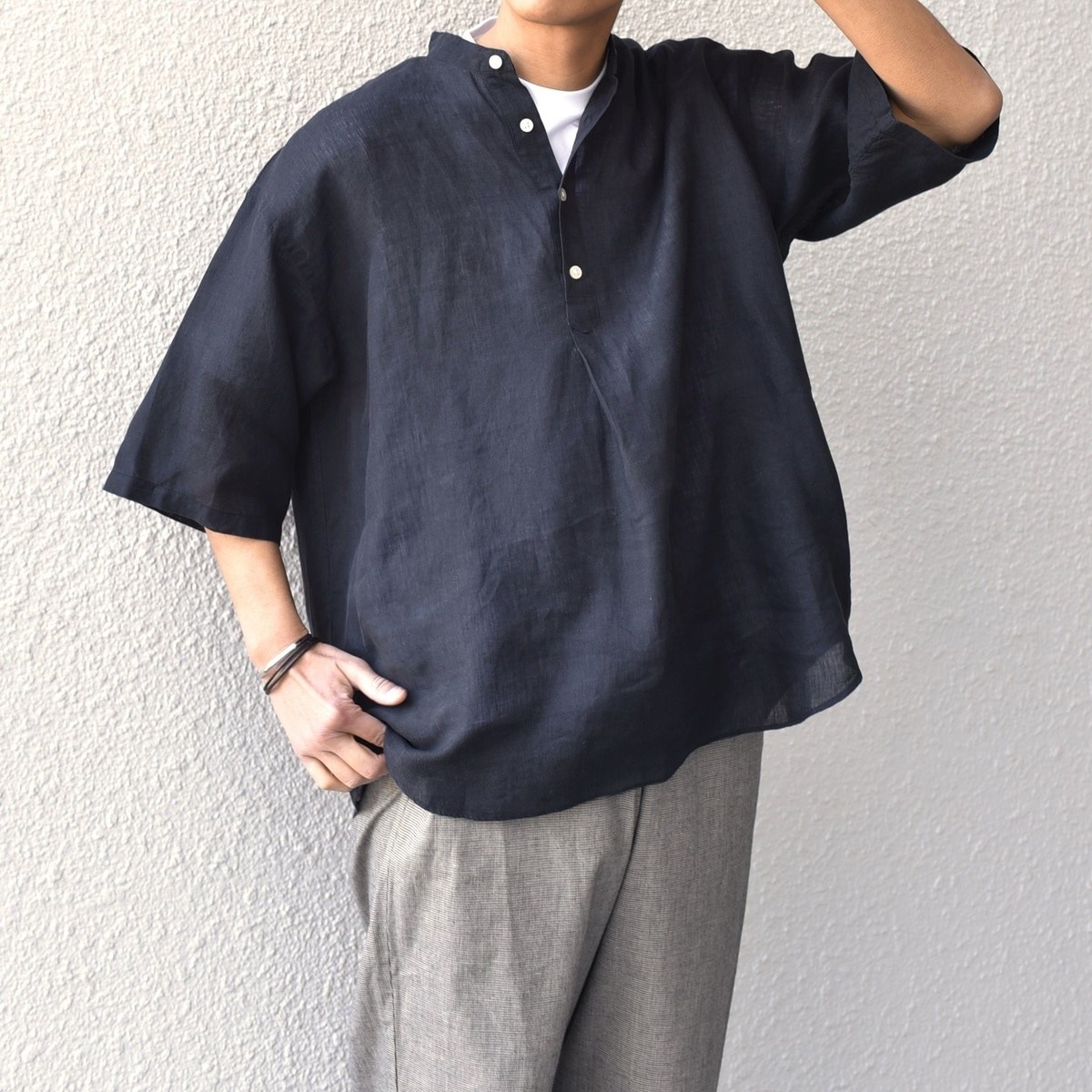 SHIPS シップス スリーブ スキッパー 半袖リネンシャツ プルオーバー SHIPS any: ピュアリネン バンド スキッパー ハーフスリーブ